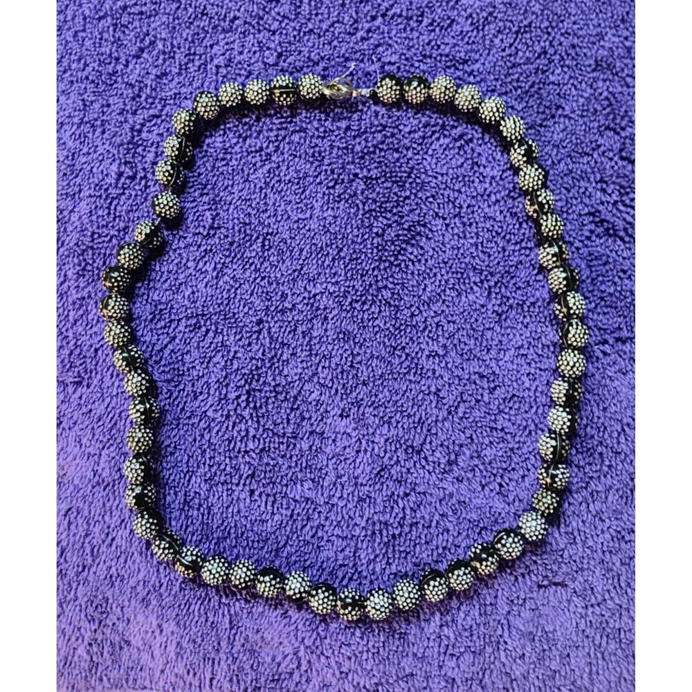 Black & Silver Beaded Necklace With Textured Round Beads & Lobster Clasp